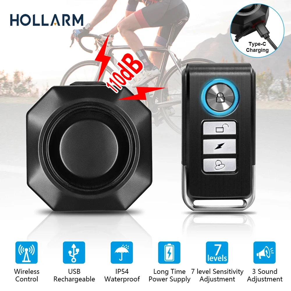 Hollarm Wireless Bike Vibration Alarm USB Charging Remote Control Burglar Motorcycle Bike Security Detector System Bicycle Alarm