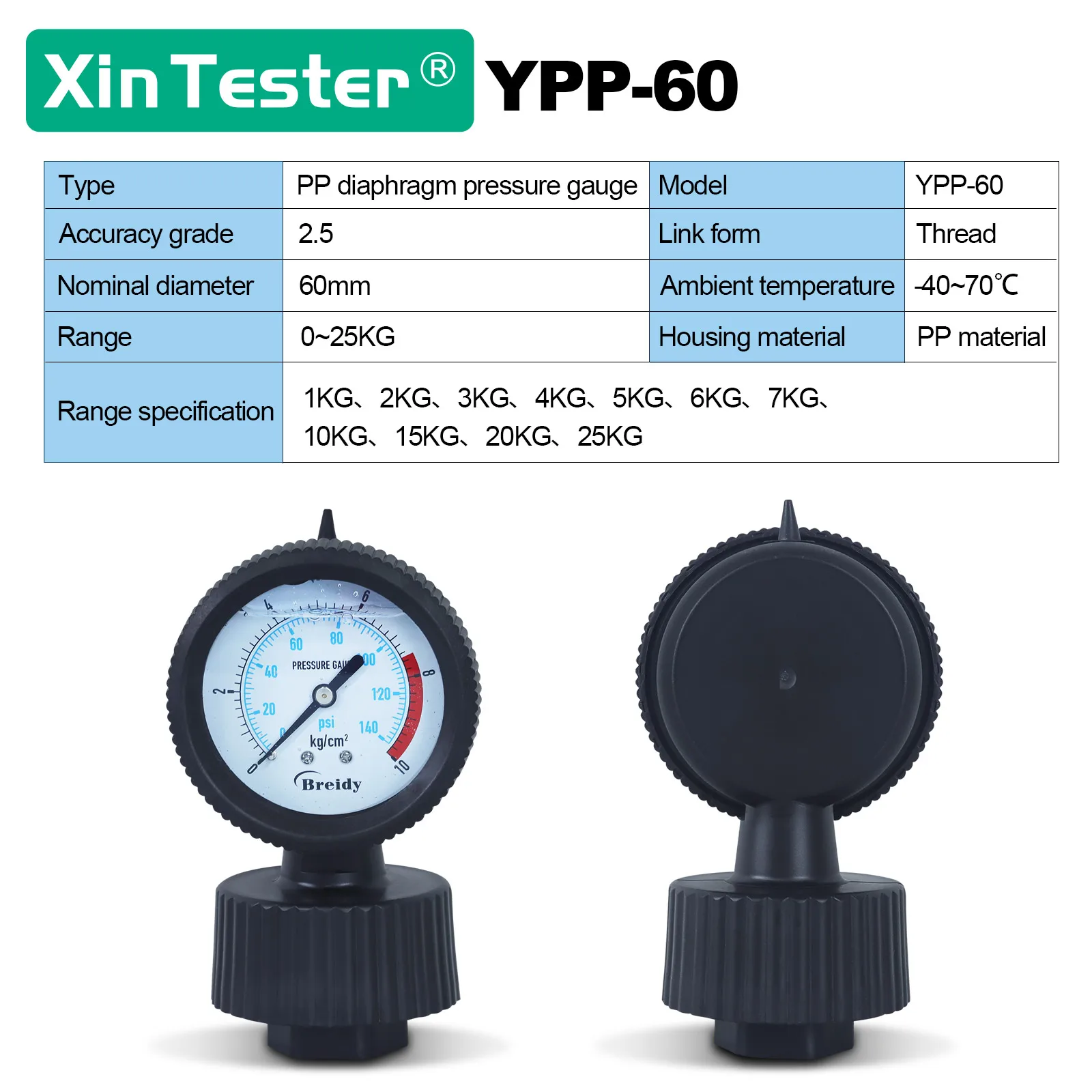 Xin Tester Anti vibration 0-25kg Radial membran Manometer Öl Luft Wasser  Tetra fluor elastomer Manometer 1/2pt Gewinde