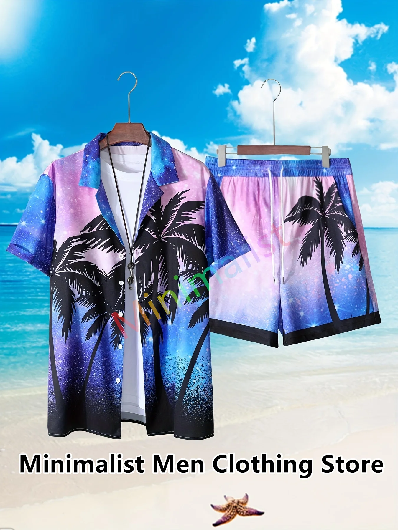 New Fashion Hawaiian Shirt Set Mens Tropical Rain Forest Starry Sky Print Short Sleeve Summer Casual Shirt Beach Two Piece