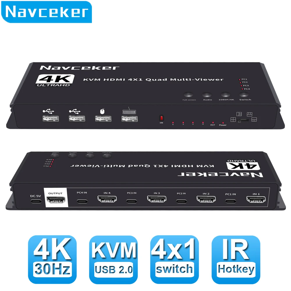 Navceker Kvm Multiviewer Compatibile Con Hdmi 4K 4 In 1 Out 1080P Quad Screen Multi Viewer Hdmi Multi-Viewer Interruttore Senza Cuciture Con Ir