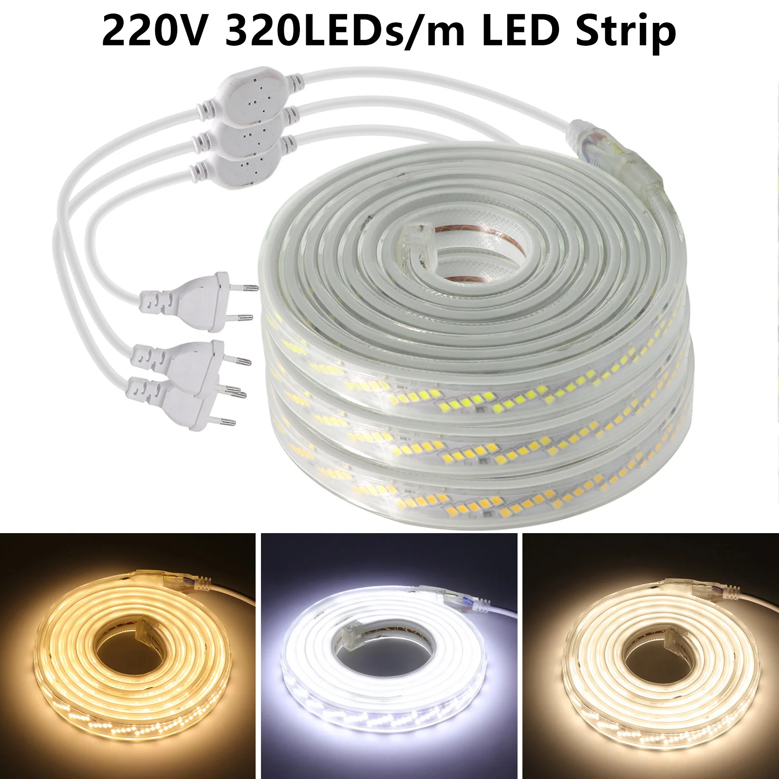 AC 220V Led Light Strip Super Bright SMD 2835 320Leds/m Waterproof Outdoor Lamp Flexible LED Ribbon Tape with EU/UK Plug