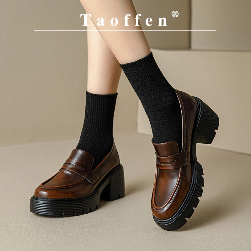 

Taoffen New Casual Women's Loafers Spring/Autumn Square Heel Thick Sole Anti-slip Pumps Fashion Round Toe Slip-On Office Shoes