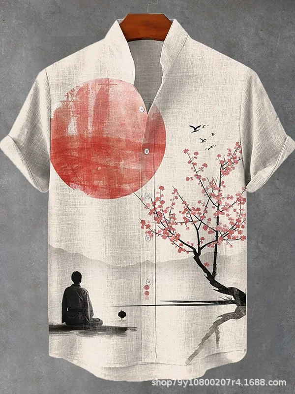 디지털 프린트 루즈한 반팔 스탠드 업 칼라 카디건 셔츠, 유럽과 미국 크로스 보더, 도매, 신제품