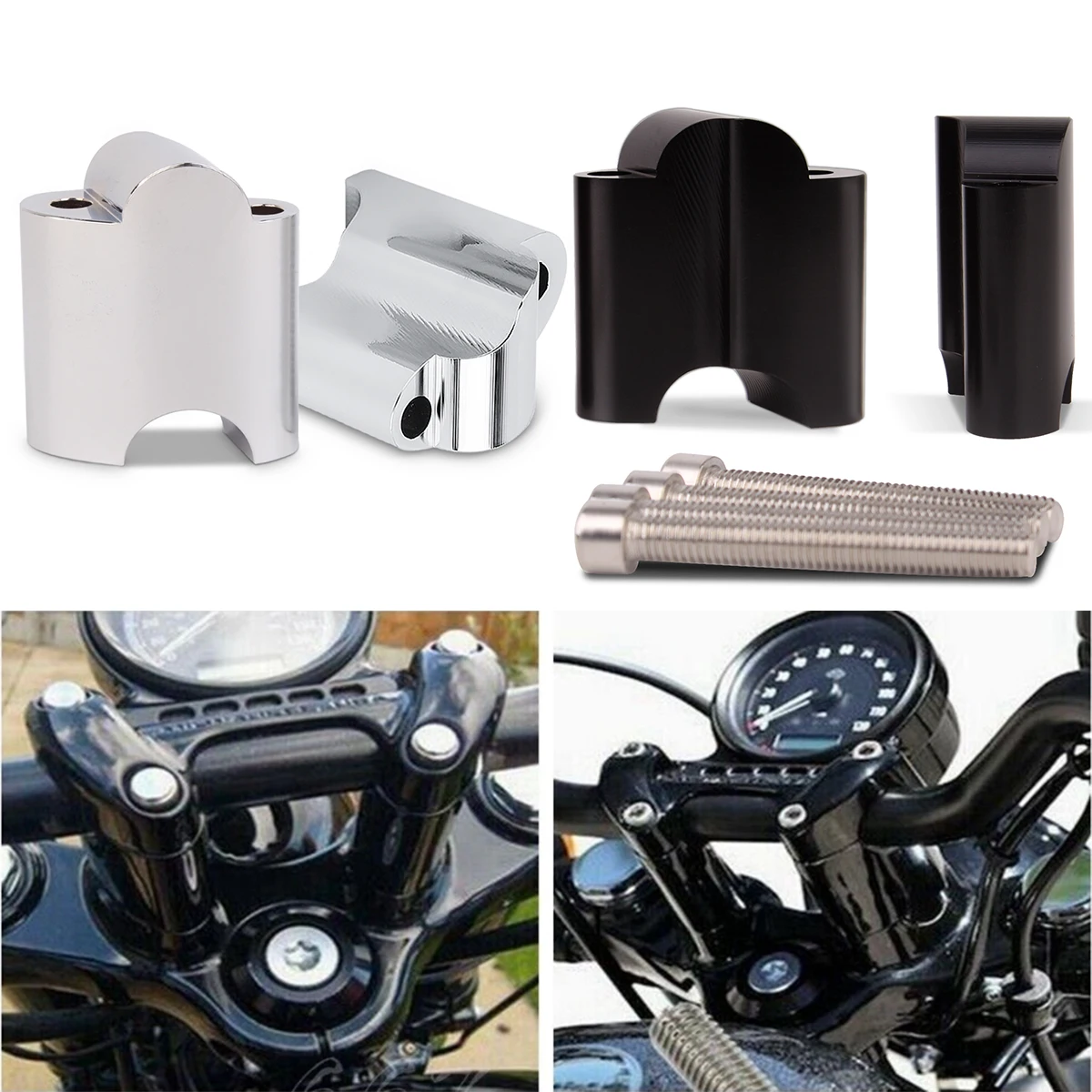 Motorcycle Chrome/Black 2" Rise CNC Aluminum 1" Handlebar Riser ...