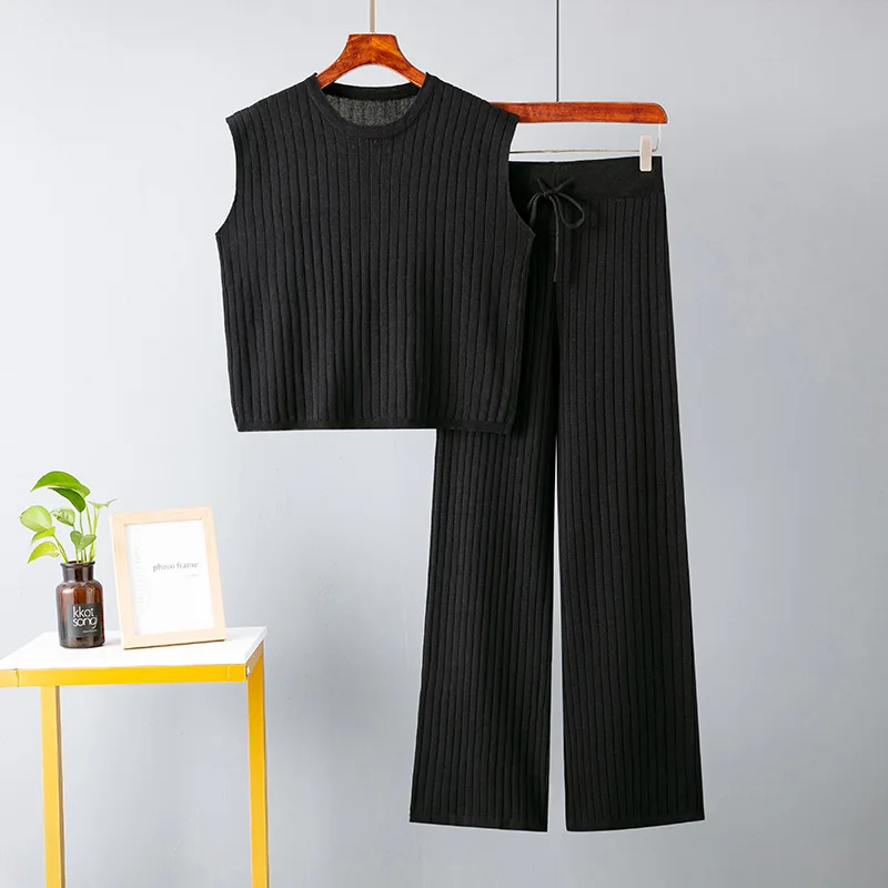 

Summer Knitted Women Two Piece Sets Casual Elegant O-Neck Tank Top and Drawstring Wide Leg Pants Suits Office Ladies Solid Sets