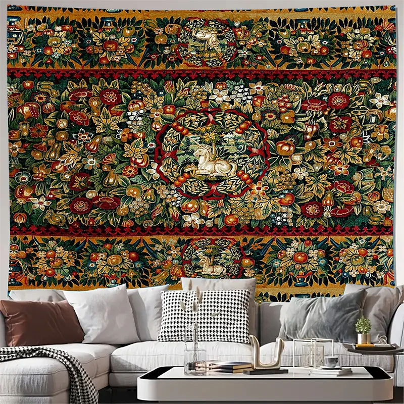 ผ้าแขวนผนังลายวินเทจ ลายป่าไม้ยุคกลาง กวางธรรมชาติ ของตกแต่งบ้าน ศิลปะตกแต่งห้อง 1