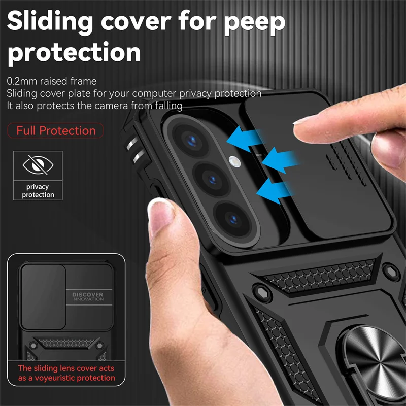 Slide Lens Camera Armor Phone Case with Car Magnetic Ring Holder and Back Cover