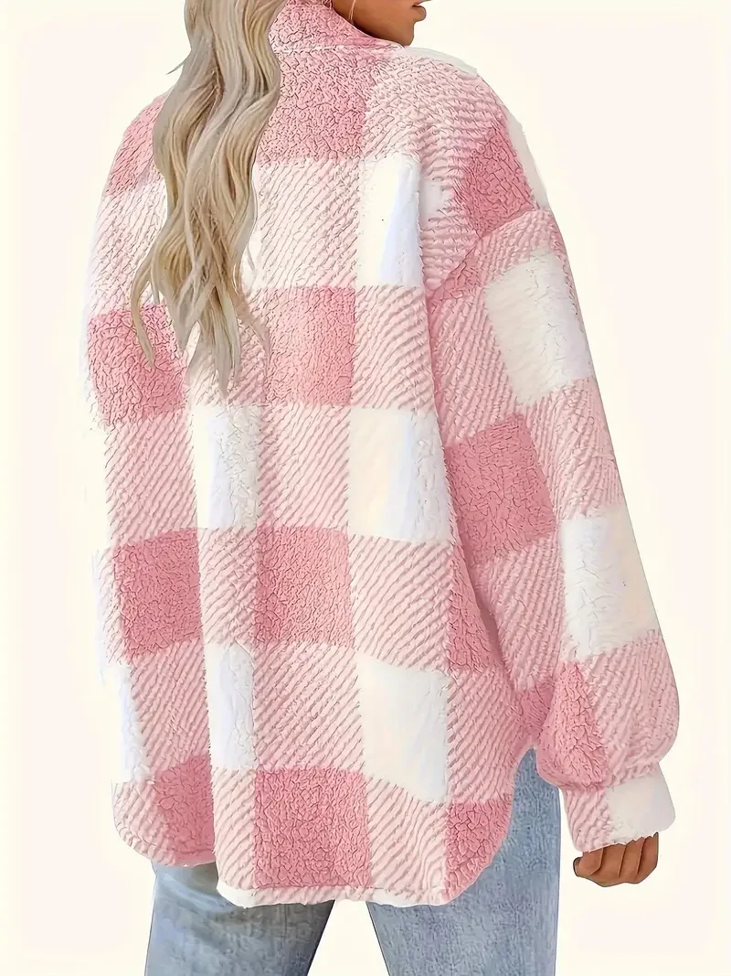 Europe and the United States autumn and winter open-button lapel plaid coat plaid pattern button front jacket warm 6