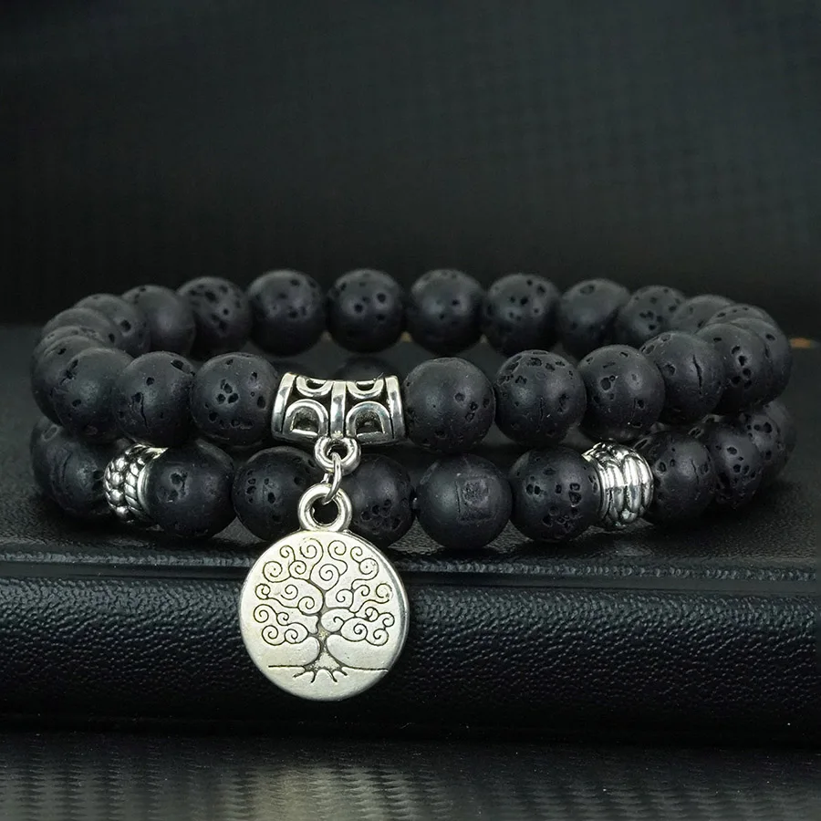 Men Lava Stone Tree Of Life Bracelet Set Yoga Meditation