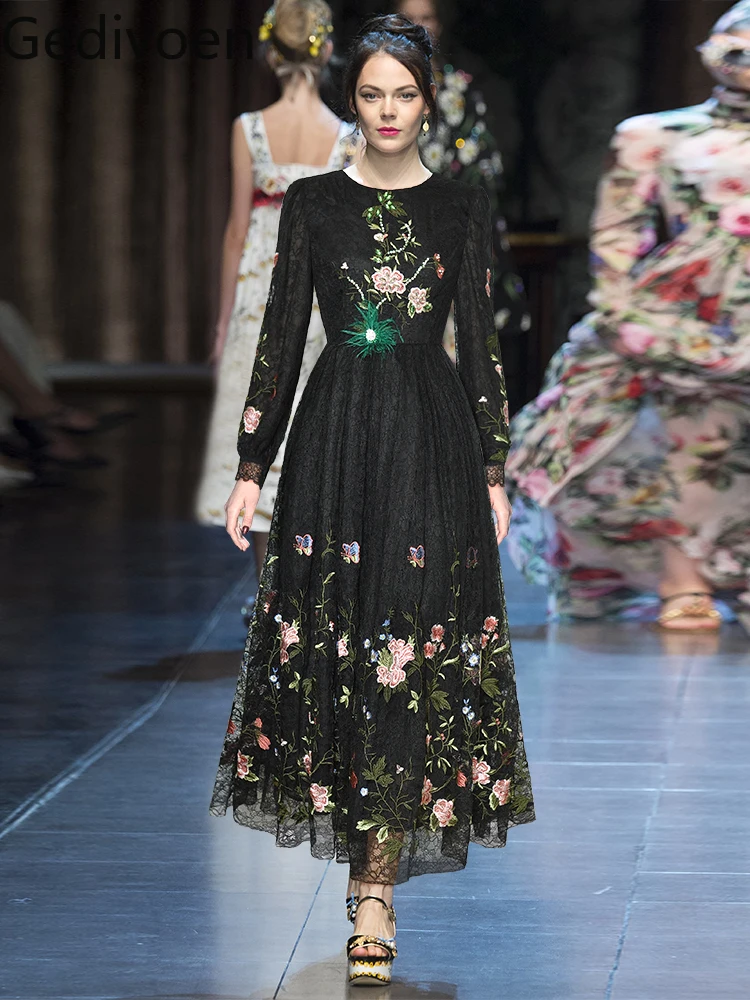 

Gedivoen Spring Fashion Designer Dress Women Lace Long sleeve Flowers Embroidery Beading Black vintage Long Party Dres