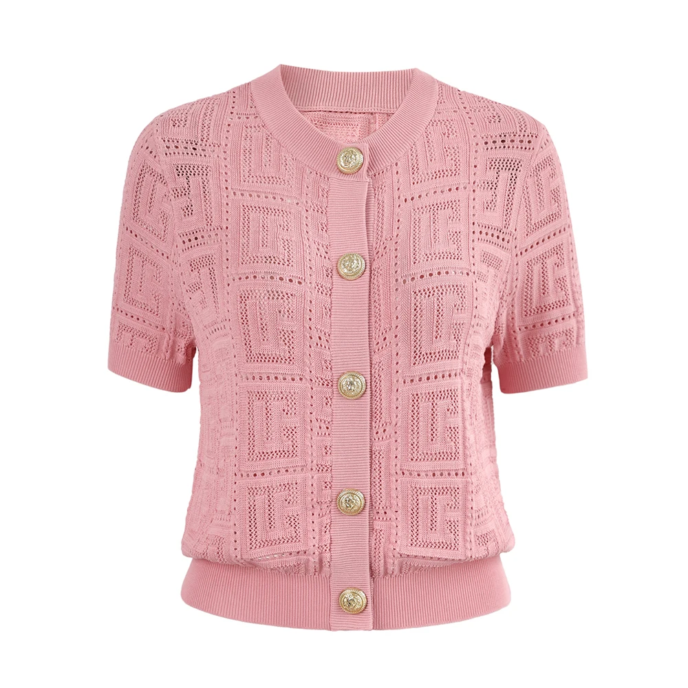 

3 Colors Option O Neck Buttons Cool Fabric Geometric Knitting Elastic Short Sleeve Summer Women Tops Cardigan
