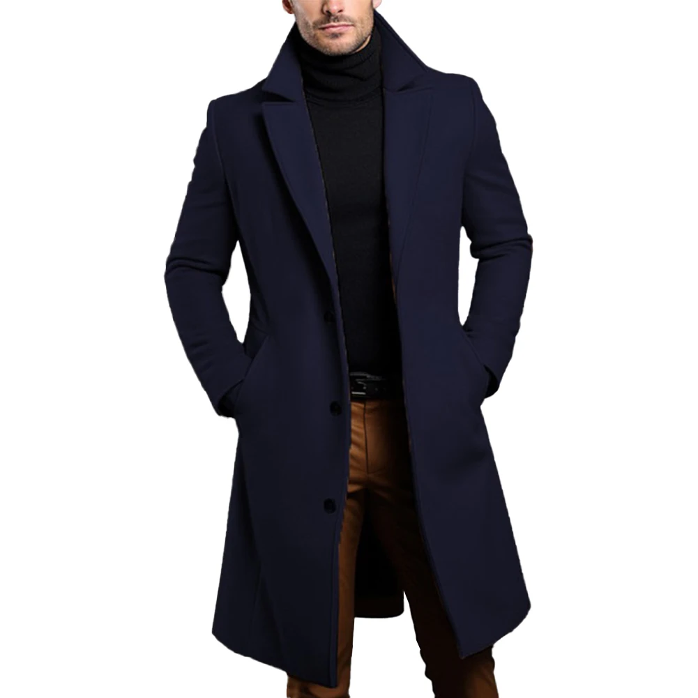 Men Atutumn Winter Long Warm Wool Trench Coat Solid Single Breasted Luxury Wool Blends-Overcoat Thermal Tops Coats Clothing