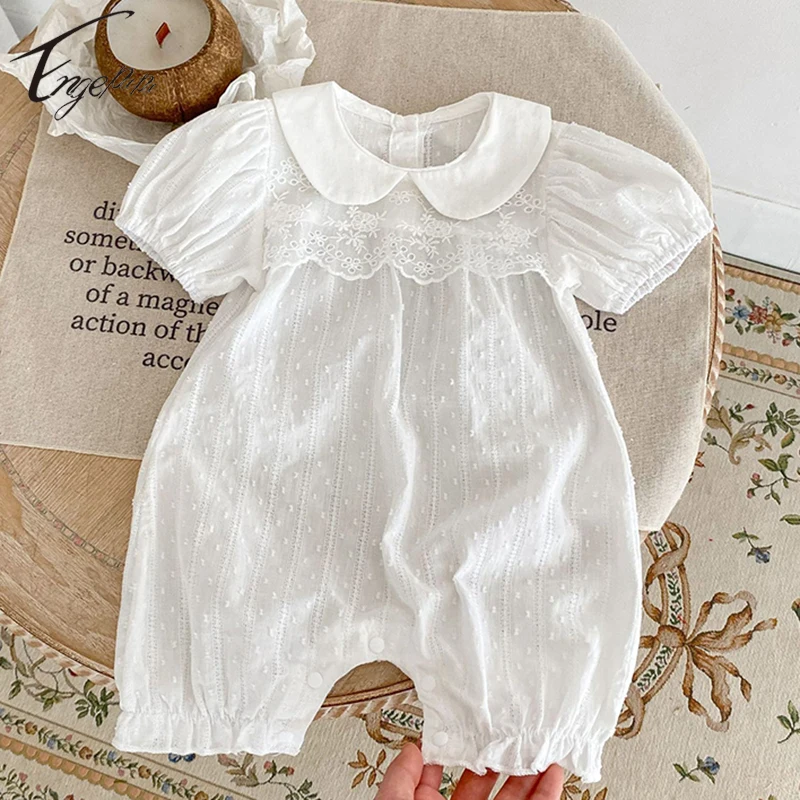 

Princess Baby Girls Short Sleeves Rompers Girls Sweet Lace Bodysuit Jumpsuit Korean Style Baby Solid Color Girls Rompers 0-2Yrs