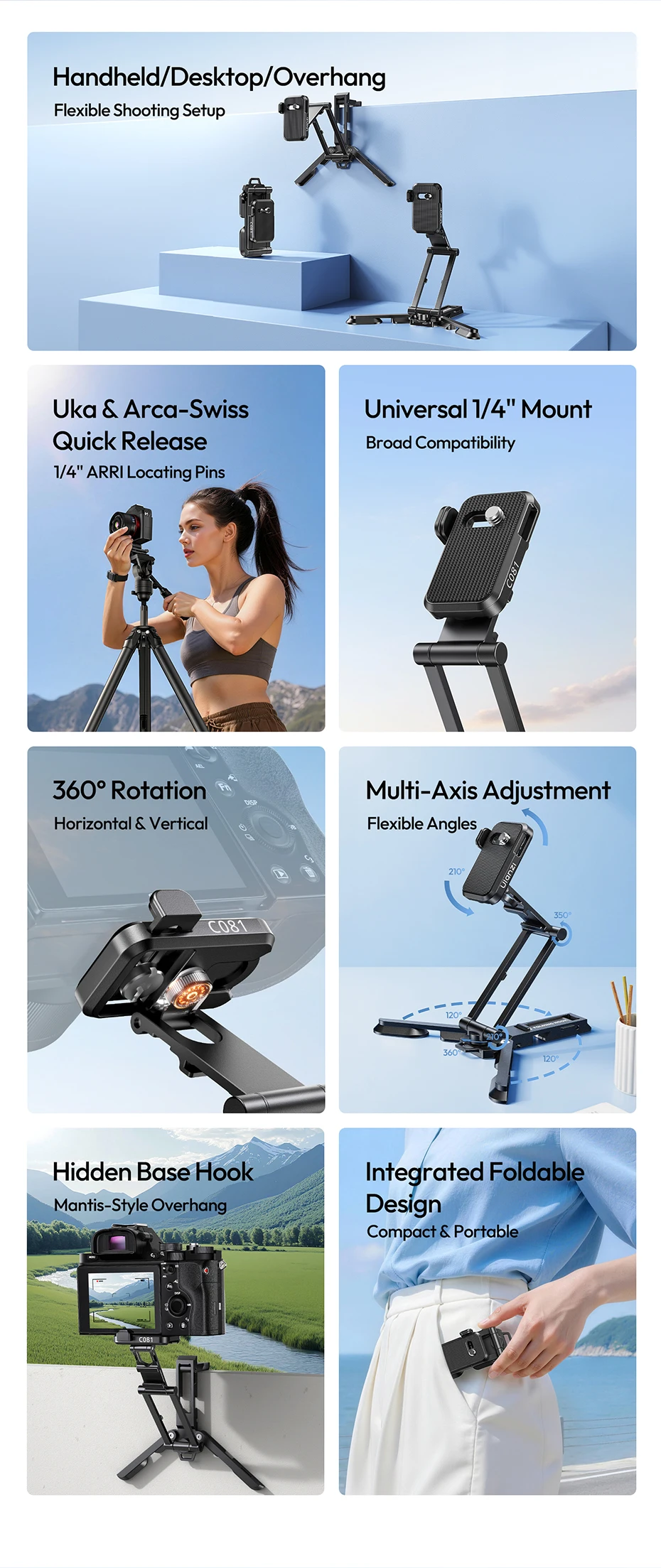 Ulanzi CO81 Vielseitiger Kameraständer Handheld-/Desktop-/Overhead-Kameraständer mit Schnellverschluss-Basis für Uka Arca-Swiss Stativ – Detail 2
