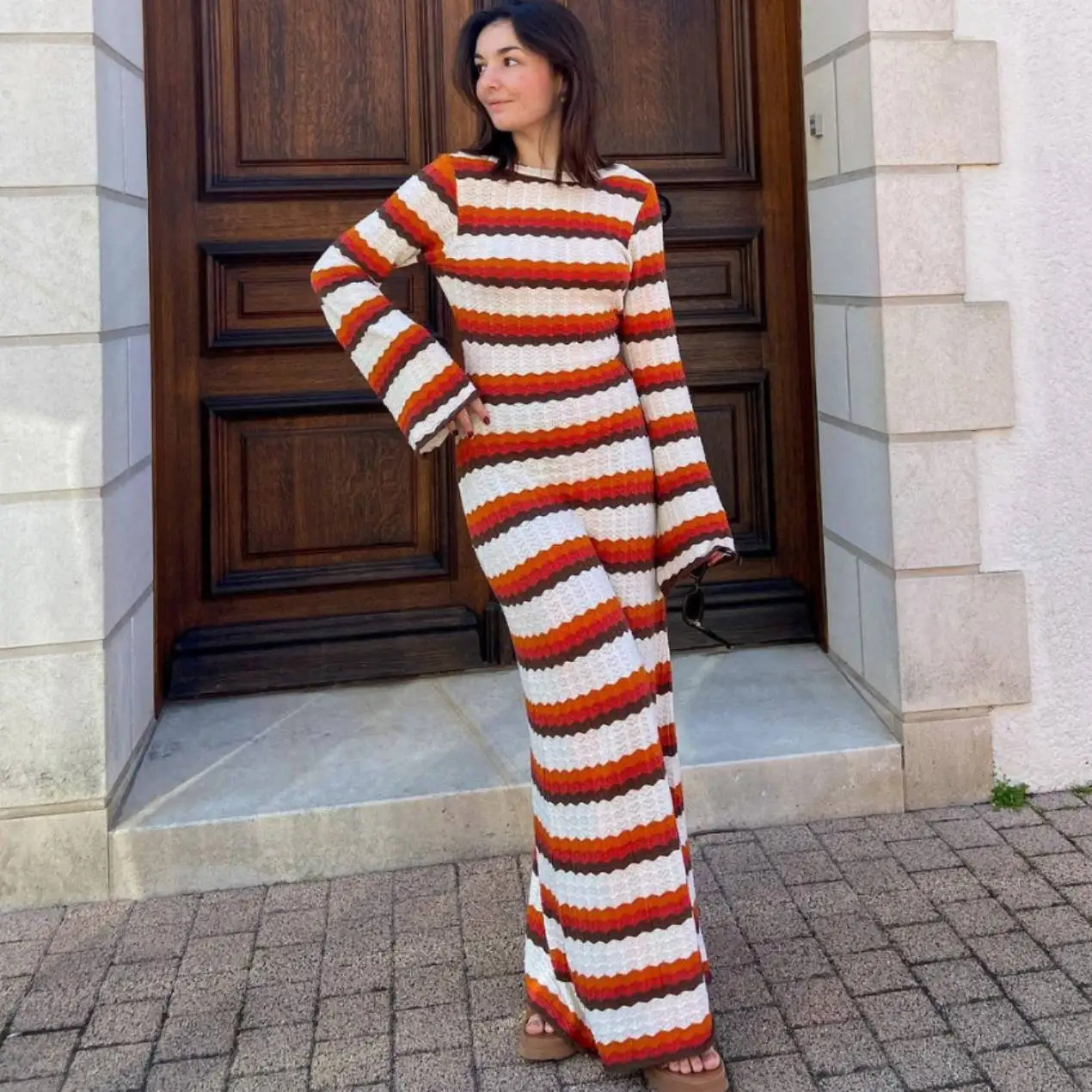 

Women's Cotton Knitted Bodycon Backless Dress Striped Hollowed Out Flared Sleeves Ruffle Vestidos O-neck Vacation Wave Cut Robe