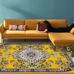 Classical Luxury Palace Style Carpets 3D Ethnic Yellow Flower Design Living Room Bedroom Hallway Floor Mat Bedside Washable Rugs