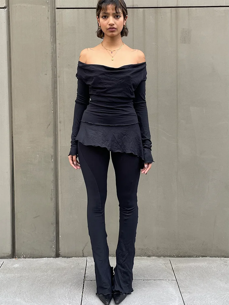 Absobe Asymmetrical Patchwork Ruffles Flared Long Pants Women Low Rise Solid Color Slim Casual Trousers Hottie Autumn Streetwear