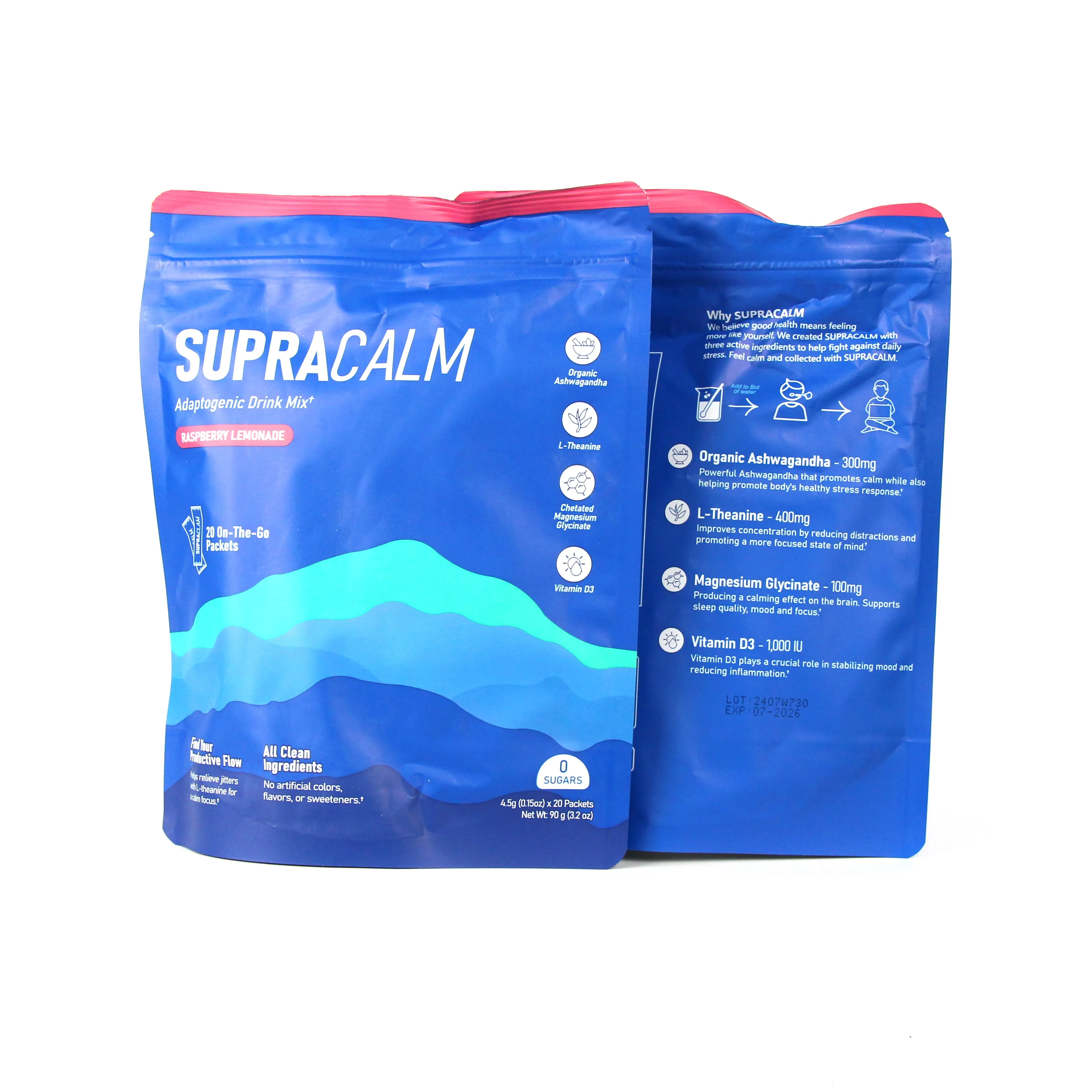 SupraCalm Raspberry Lemonade Adaptogenic Drink Mix Supplements for Relaxation & Focus No Artificial Colors or Sweeteners (20)