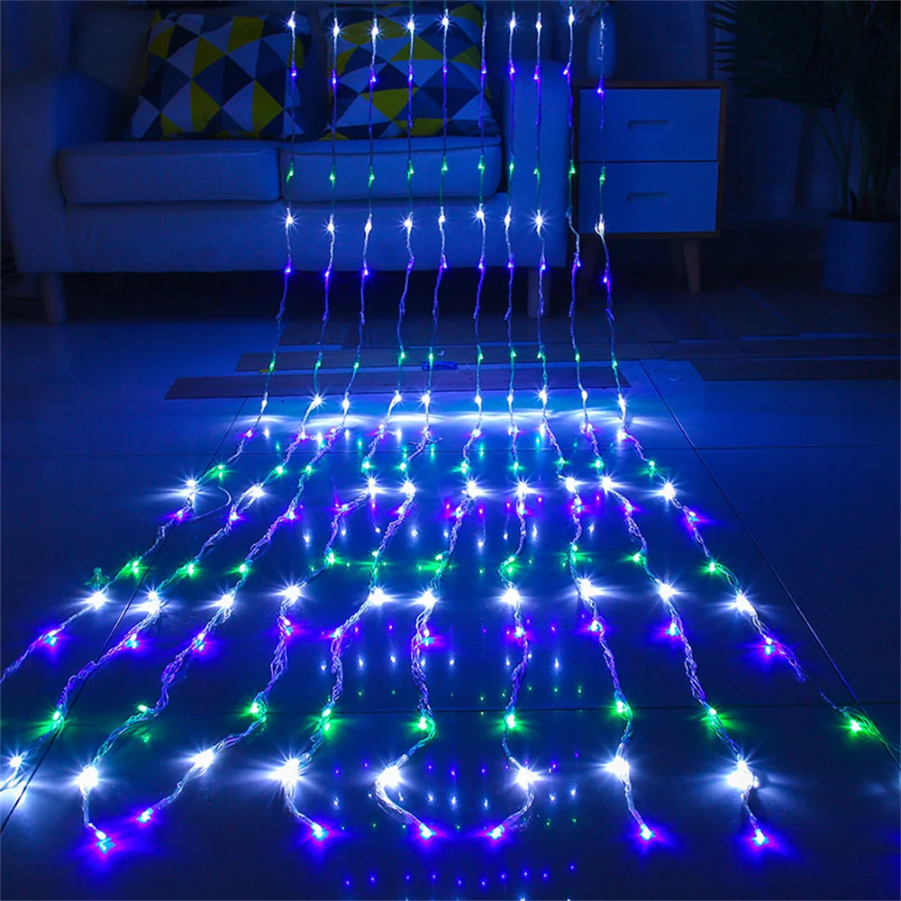 thumbnail image 1 of Cadena de luces de lluvia de meteoritos en forma de cascada, luces de flujo de agua, cortina de 3 x 2/3/6 m, guirnalda de luces de hadas para bodas, fiestas navideñas, 1 of 4