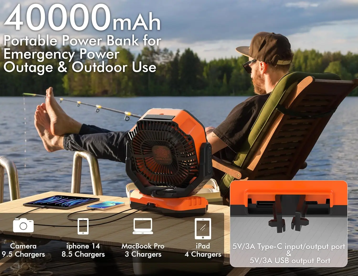 40000mAh Battery Operated Camping Fan, Rechargeable High Velocity Floor Fan, Auto Oscillation Remote Control Timer - Cordless 5
