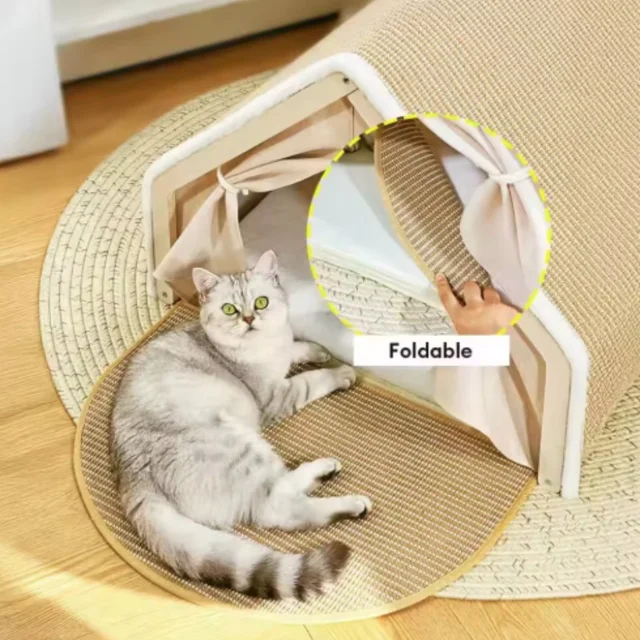Half-Enclosed Wooden Cat Tent Villa Pet Bed All-Season Dual-Use Durable Sisal Scratching Board Cozy House Furniture for Cats 3