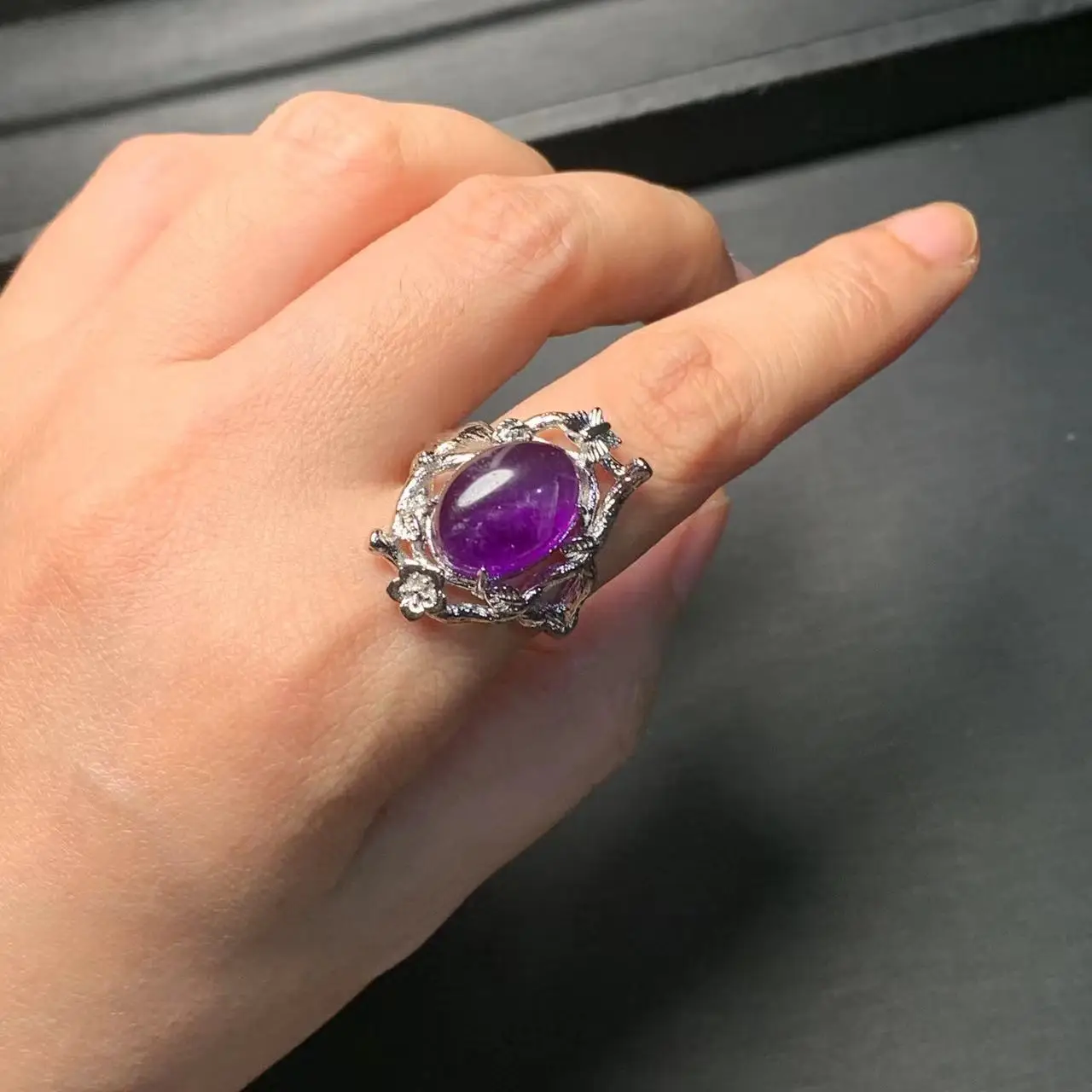 Natural Amethyst Ring Stone Female Handmade Rings Jewelry for Women Gift Purple Flower