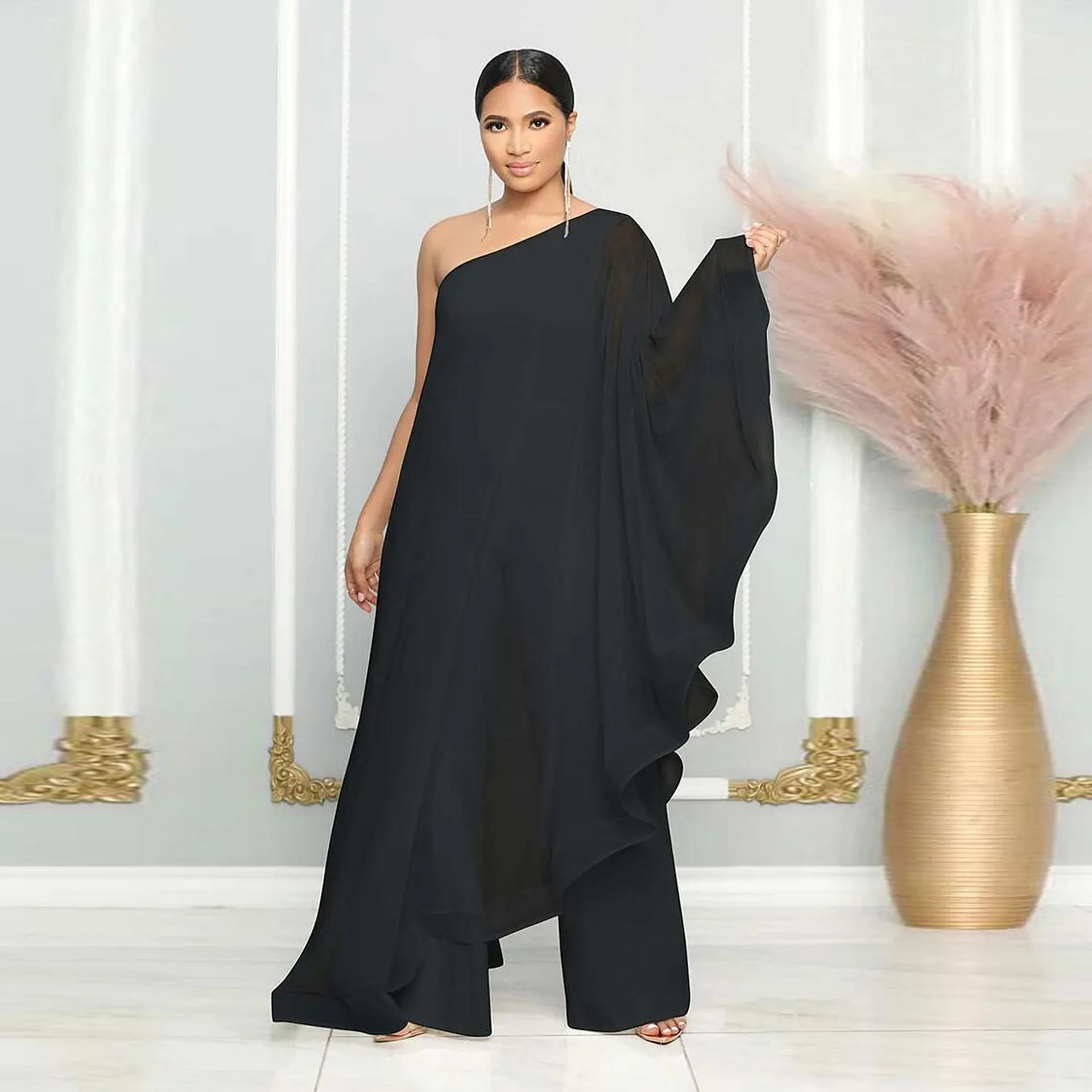 Autumn Elegant Diagonal Neck Single Sleeve Jumpsuit Women Fashion Solid Off Shoulder Chiffon Jumpsuit African Women