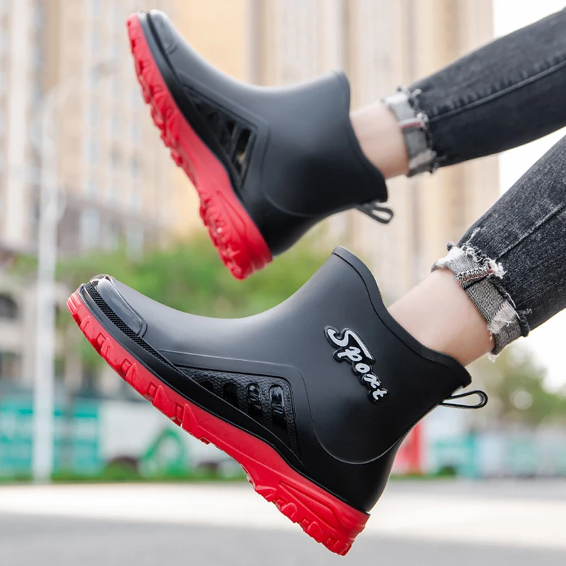 Men Rainboots Waterproof Rain Boots Ankle Water Shoes PVC Fashion Outdoor Flat Non-Slip Fishing Work Boots Man Ankle Rainboots