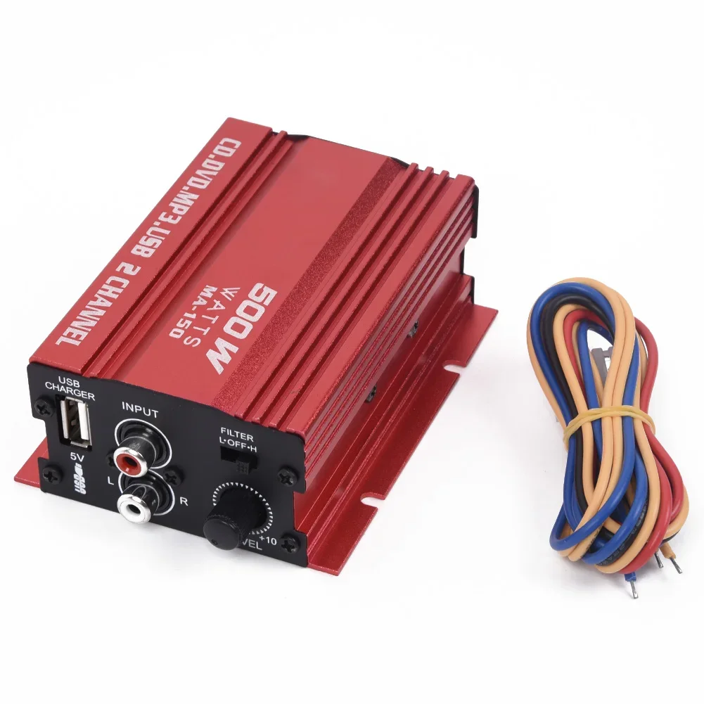 Car 12V 500W 2 Channels Mini Hi-Fi Stereo Audio Amp Subwoofer Aluminum Alloy Red LED Indicator Overload Protection Car Part