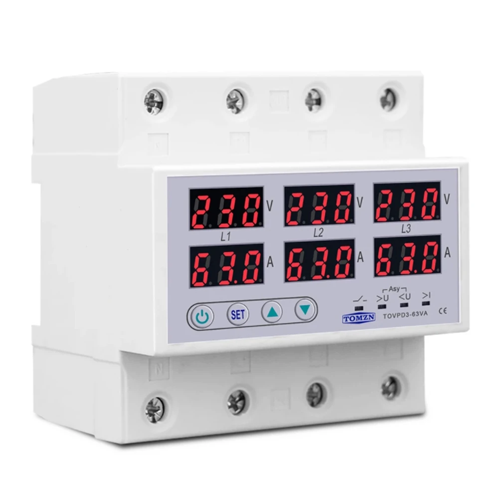 

Din Rail 3 Phase Voltage Relay 380V Voltmeter Ammeter over and Under Voltage Monitor Relays Protector Adjust Current 63A