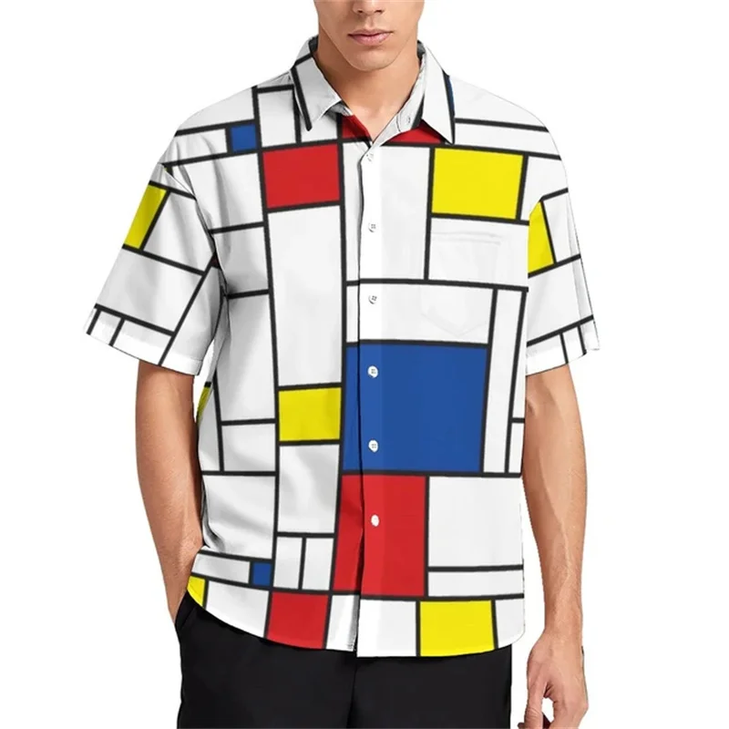 Vintage plaid short-sleeved casual Shirt Men's Mondrian Modern Art Hawaiian Shirt Vintage shirt short sleeved oversized