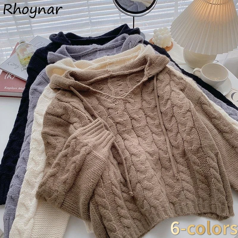 

Vintage Pullovers Women Autumn Hooded Designed Knitwear Ulzzang Popular Korean Fashion Casual Stylish College Drawstring Sweater