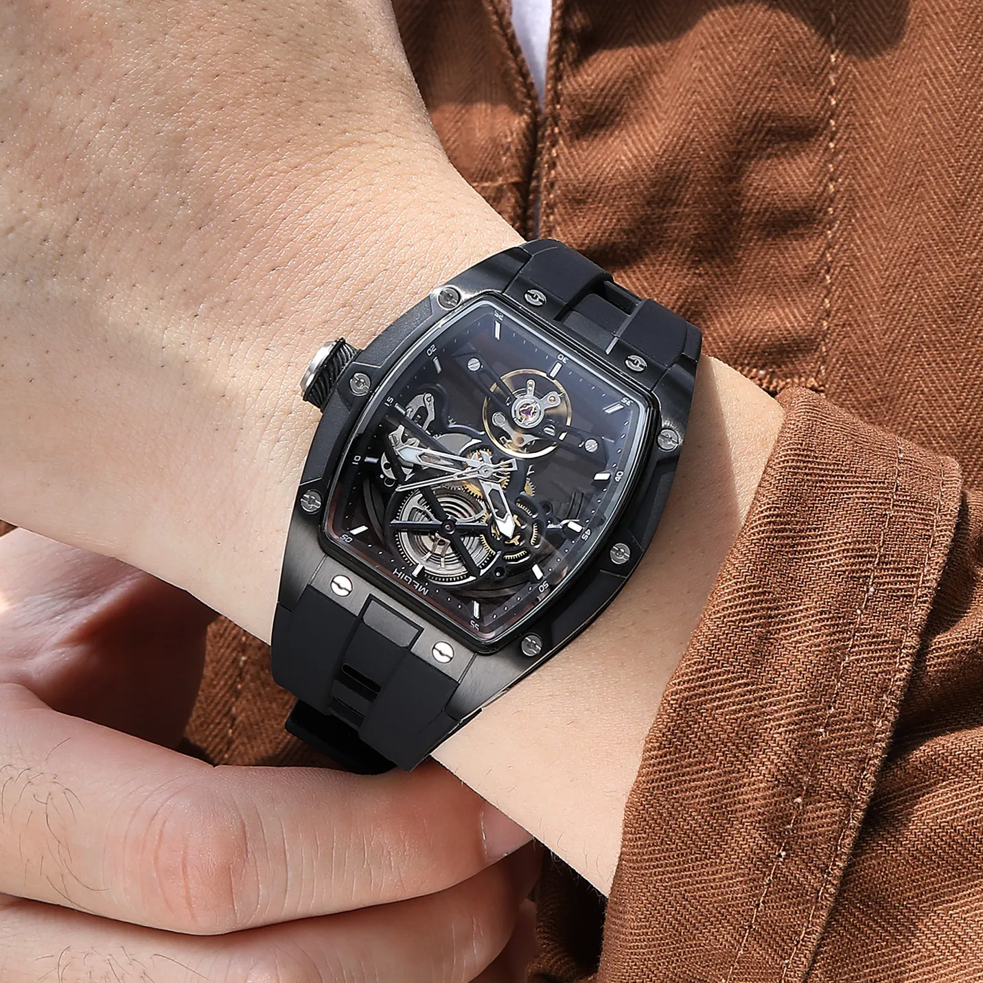 Megir 自動巻き 白 スケルトン 腕時計 ケースサイズ約42mm Megir-メンズ自動機械式スチールケース腕時計、スポーツ