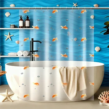High-Quality PEVA Goldfish Shower Curtain - Transparent Bathroom Decor with Orange Fish and Stone Design, Includes 12 Hooks 1