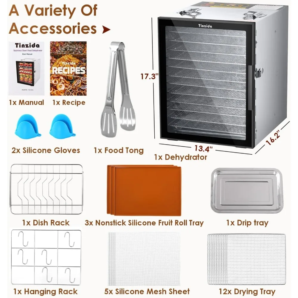 Food Dehydrator Machine, 12 Stainless Steel Trays, Dehydrators For Jerky, Meat, Fruit, Pet Treats, Vegetables, Herb