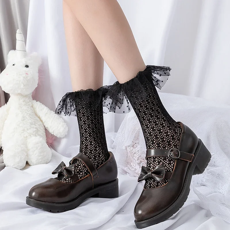 

Cute Fluffy Lace Hollow Lace Mid-tube Net Socks Lolita Spring and Summer Thin Soft Sister Socks Japanese Fashion Kawaii Girl y2k