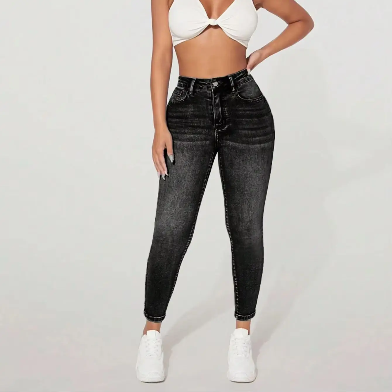 Women's Slim Fit Jeans Long Pants 2026 New Retro Washed Solid Color Elastic Vintage Style Small Foot Pants for Ladies Trousers