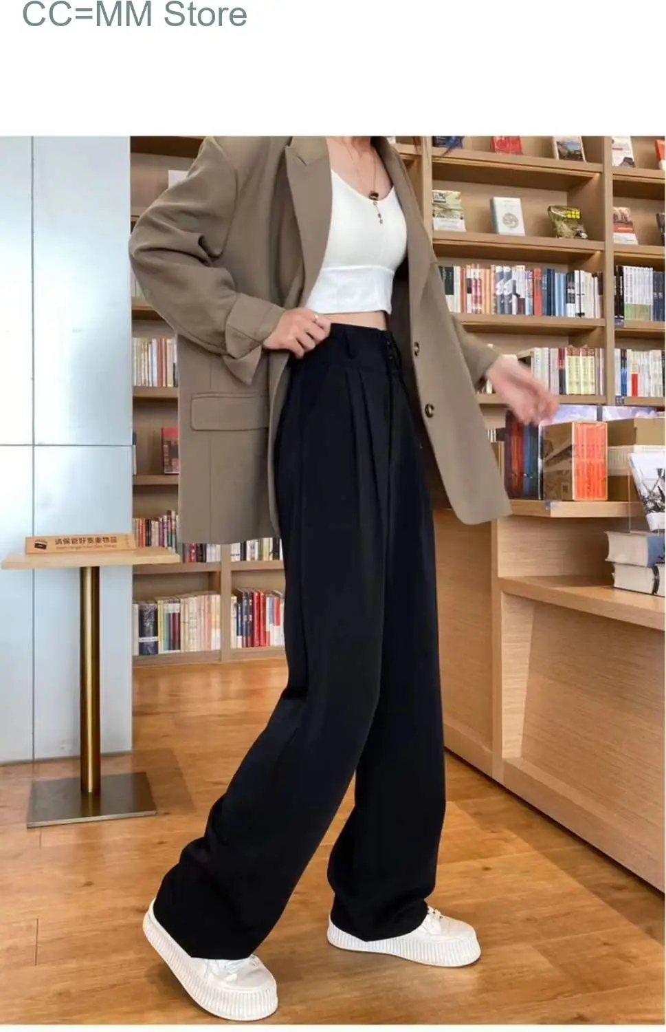 New Black Suit Pants for Women Korean 2 Buttons Wide Leg Trousers Vintage Streetwear High Fashion Office Ladies Work Pants