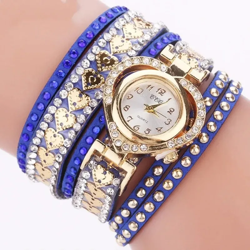 Long Strap Leather Watch Women Vintage Rhinestone Dress Watch Ladies Heart Dial Shiny Bracelet Wristwatch Clock Gifts