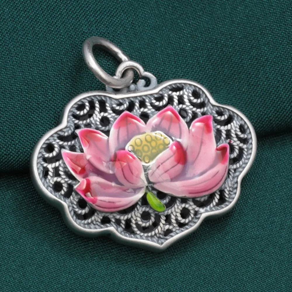 Real Pure S990 Sterling Silver Lucky Hollow Sutra Enamel Lotus Lock Pendant 9-10g