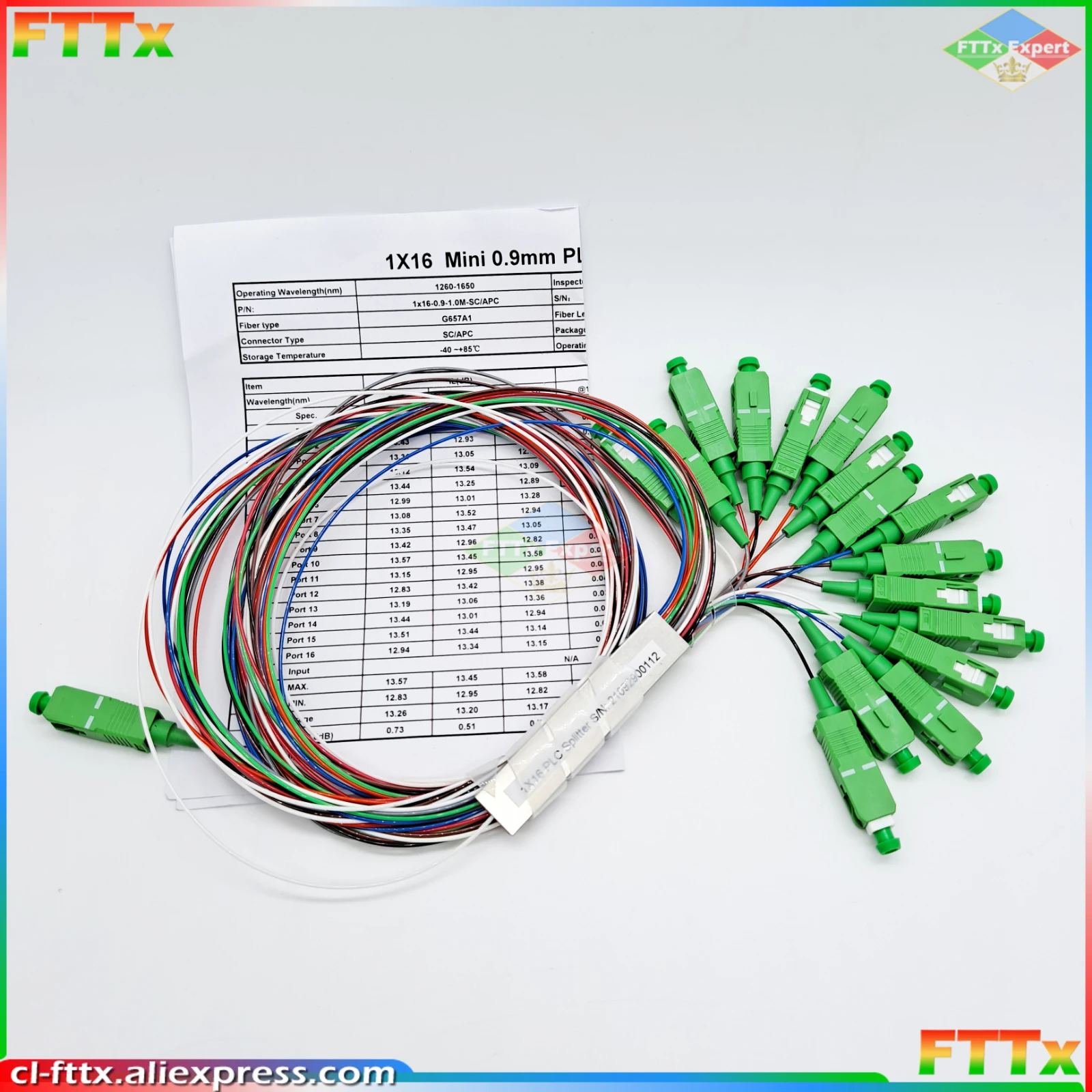 10PCS/Lot FTTH PLC Splitter 1X16 SC/APC SM 0.9mm G657A1 1m PVC Fiber Optic Splitter