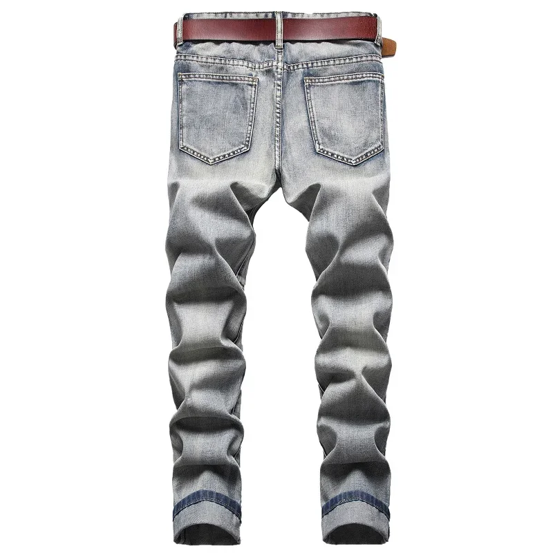 Men's Jeans Nostalgic Ripped Embroidered Straight-leg Slim Fit Casual Colorblock Denim Trousers