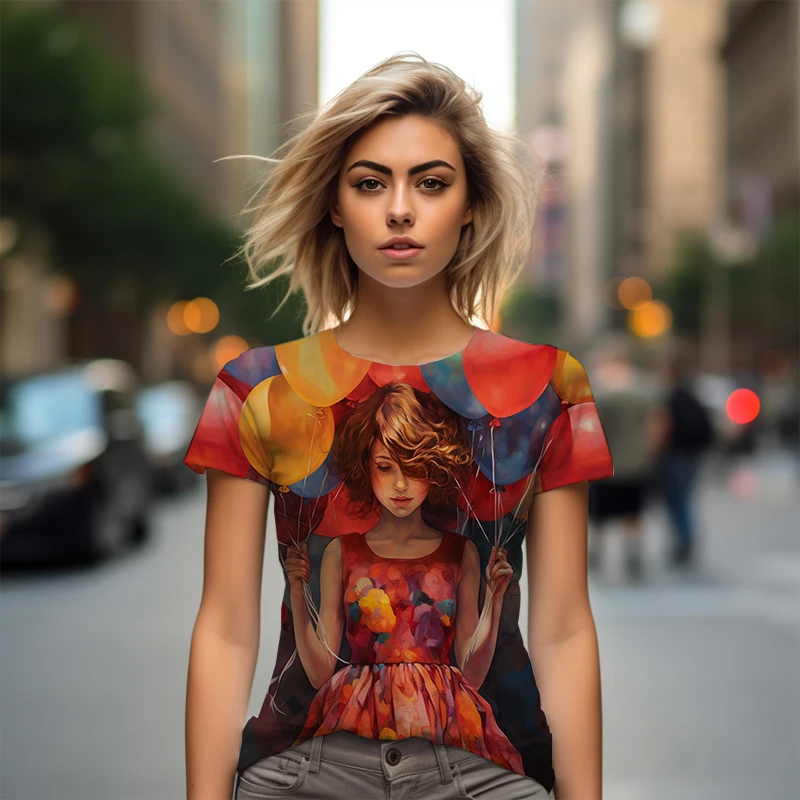 

Summer new lady T -shirt balloon 3D printed lady T -shirt beautiful casual lady T -shirt fashion trendy loose lady T -shirt