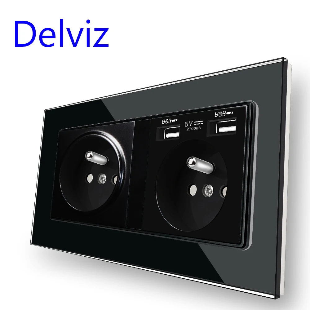 Delviz French standard socket, Tempered Glass Crystal Panel,AC 100~250V, 2A Dual USB charging Port, France 16A Power Wall Outlet