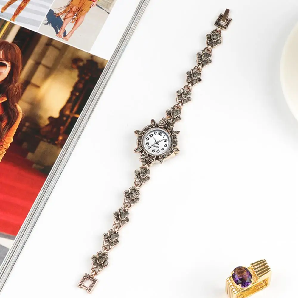 Vintage Women Rhinestone Flower Charm Round Dial Analog Quartz Bracelet Watch