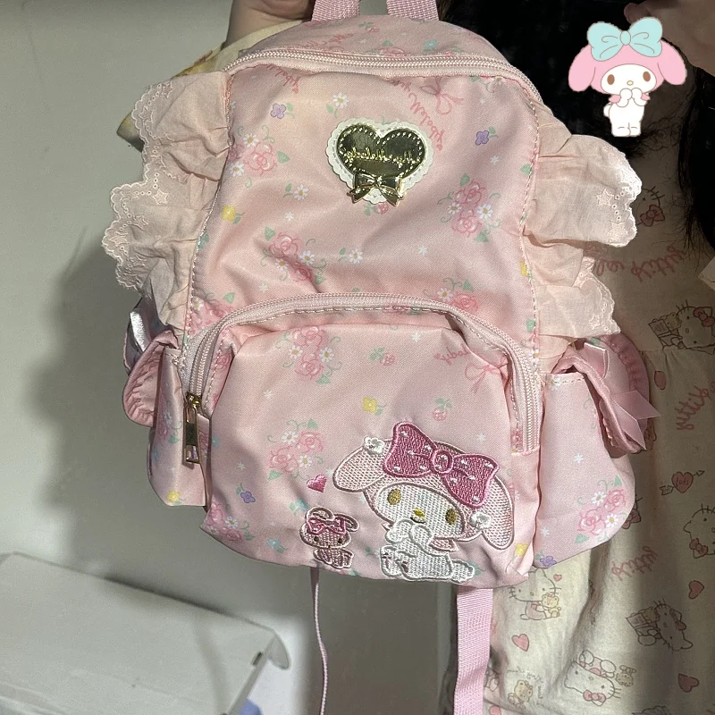 

New My Melody Sanrio Sweet and Cute Girl Heart Backpack Y2k Cartoon Schoolbags Fragmented Flower Zipper Backpack for Women