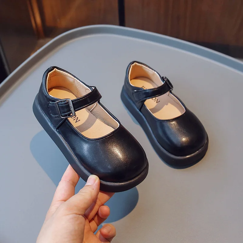 

Black Shoes for Girl School Kid 2023 Simple Solid Color Thick Soled Non-slip Fashion Versatile Children Casual Kid Leather Shoes
