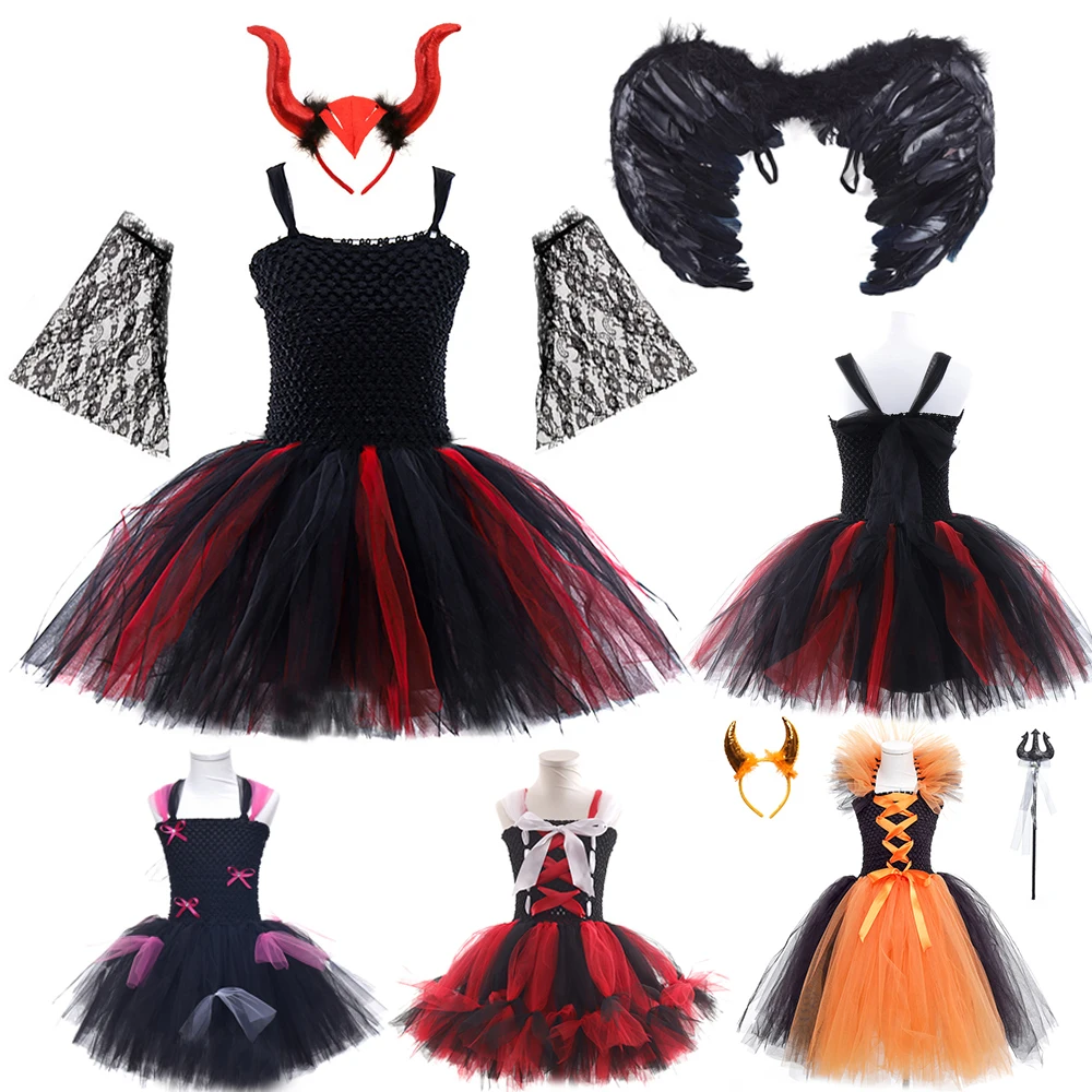

Children Halloween Costume Tutu Dress for Girls Cosplay Evil Witch Sleeveless Princess Dress Kids Gown with Headwear Wings Set