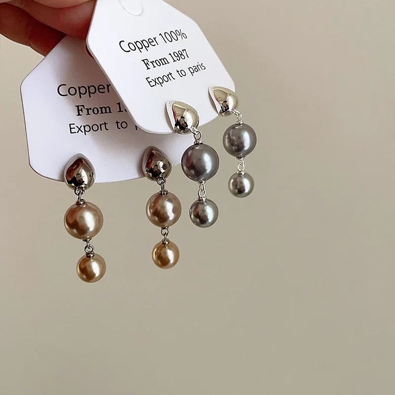 

Minar Trendy Champagne Gray Color Simulated Pearl Strand Tassel Long Drop Earrings for Women Silver Plated Alloy Wedding Jewelry
