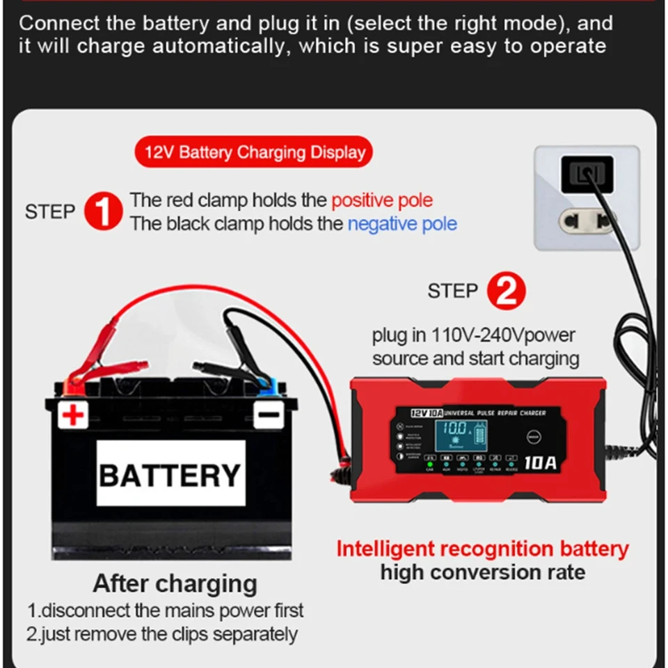 12V Smart Battery Charger & Maintainer - Automatic Trickle Charger For Car, Motorcycle, Boat (AGM, LiFePO4, Lead-Acid)
